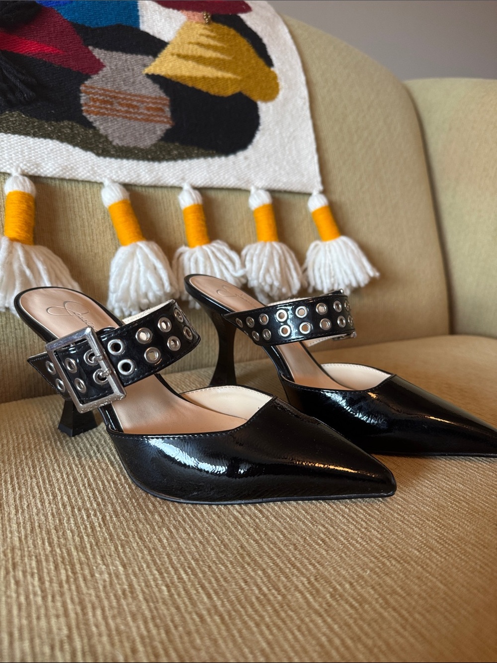 Jessica Simpson Black Patent Leather Pointed Mule with Grommet Strap
